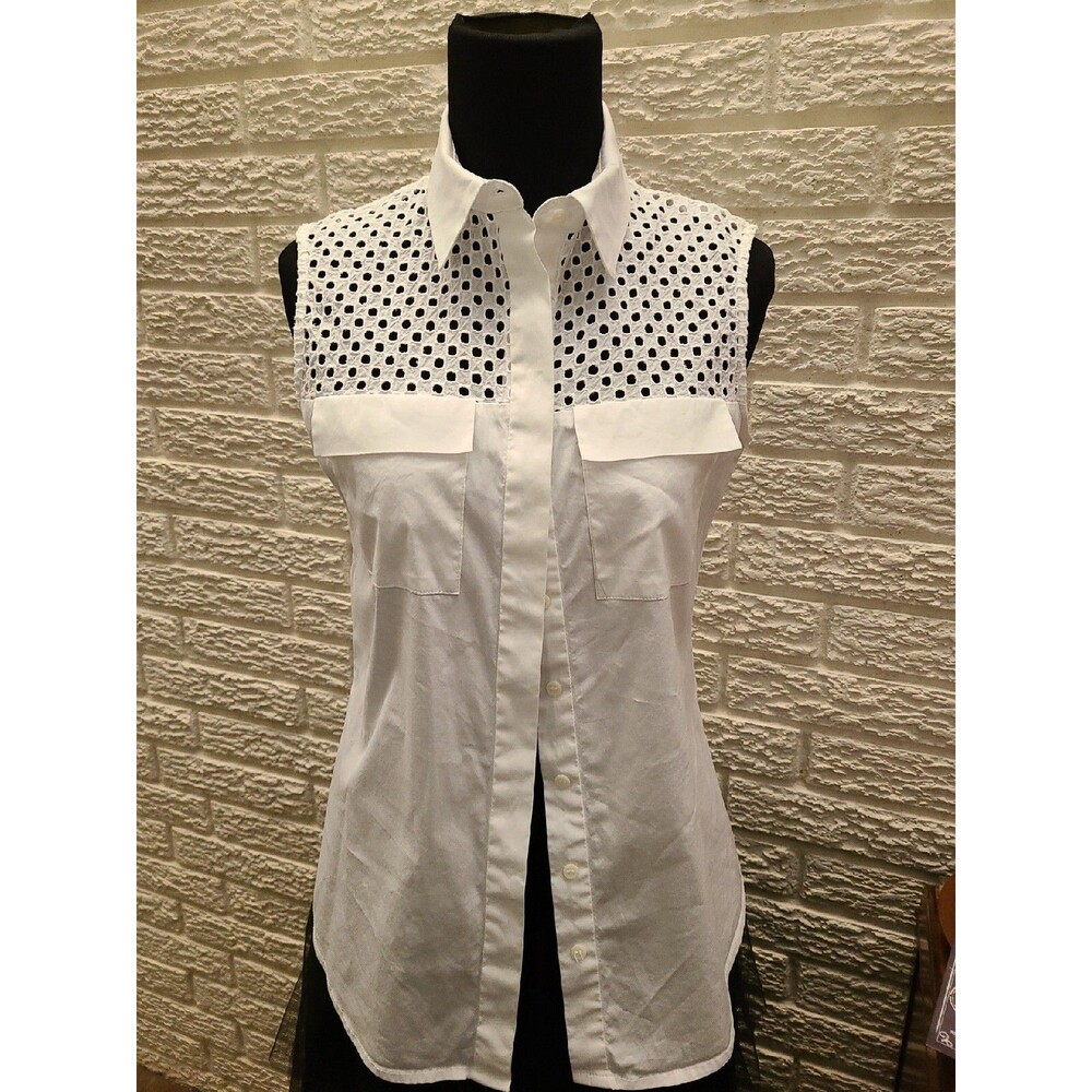 Trina Turk Top Small Lace Eyelet No Sleeve Blouse White Button Up Resort
